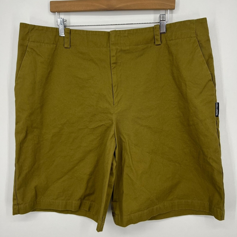 Collusion Chino Shorts Men's 38 Olive Green Flat Front Solid Cotton Pockets‎